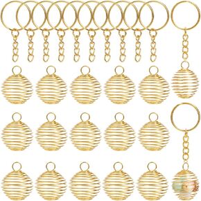 SUNNYCLUE 30Pcs Stone Holder Charm Spiral Cage Beads Bulk Golden Metal Iron Round Hollow Crystals Holders Bead Charm with Keychain Rings for Jewelry Making Charms Necklaces DIY Crafts Accessories