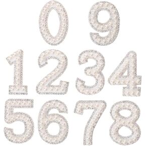 DECHOUS 10Pcs Pearl Rhinestone Number Patches, 0-9 Pearl Iron on Number Stickers DIY Self Adhesive White Pearl Number Patches Applique for Clothes, Bags, Hats, Shoes, 1.8 Inch