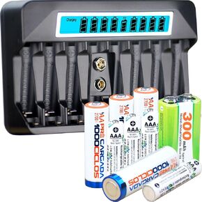 AA AAA 9V NIMH Charger 9 Slots Fast Charger 500MA IMPULSE CHARGING ، عرض شاشة LCD عريض USB-C 5V
