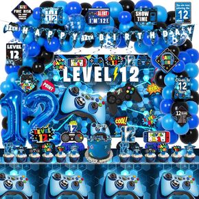 12th Birthday Decorations for Boys, 149Pcs Blue Video Game level 12 Party Supplies for Boy 12th Birthday - Backdrop, Banner, Balloons, Tablecloth, Centerpieces, Hanging Swirls, Wall Signs