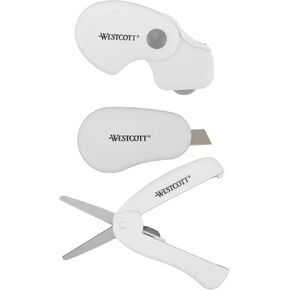 Westcott Titanium Bonded Folding Scissors 3-Piece Travel Set - Durable Craft Scissors, Slicer, and Rotary Cutter for Fabric, White