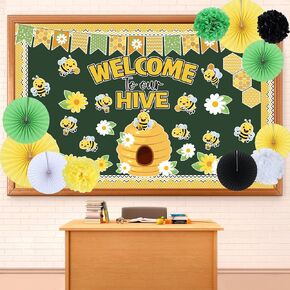 95Pcs Spring Bee Bulletin Board Decorations Bee Hive Cutout Classroom Bulletin Board Border Paper Flower Fan Set Bee Sunflower Cut Outs for Wall Decor Chalkboard Back to School Supplies