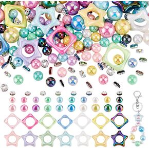 PH PandaHall 258pcs Acrylic Beads for Pens Beadable Pen Beads Kits Star Rhombus Hollow Frame Beads Rhinestone Spacer Beads Round Opaque Beads Focal Beads for Jewelry Keychain Bracelets Pens