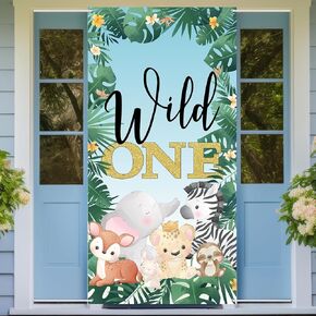 Wild One Door Banner Safari Theme 1st Birthday Party Decorations Door Cover Jungle Animal Door Sign Backdrop for Wild Baby Shower Party Supplies