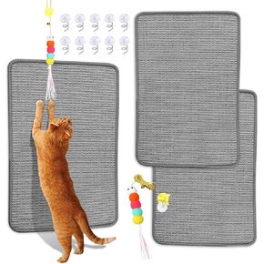 Cat Scratching Mat Sisal, 2 Packs Natural Sisal Fabric 23.6" x 15.8" Cat Scratching Pad with Cute Playing Toy and Spiral Nails, Cat Scratching Wall Scratchers for Fabric Sofa Chair (2Pcs,Grey)