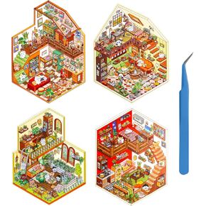4 Sets DIY 3D House Stickers,3D Cartoon Scene Stickers Fun Make Your Own Warm Home,3D Stickers DIY,Make Your Room Sticker Book,Scene Stickers for Adult Kids