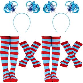 6Pcs Blue Cosplay Costume Outfit For Includes Blue Ponytail Headband Striped Gloves Striped Socking