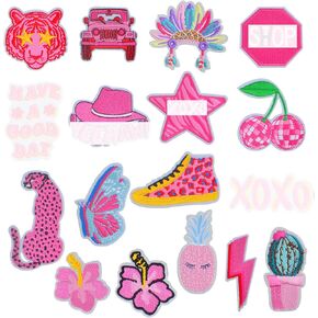 17Pcs Pink Preppy Iron on Patches Mixed Cute Cartoon Sew on Embroidered Decorative Repair Patch Sewing Appliques Stickers Gifts for DIY Clothing Jeans Jackets Backpacks Hats Crafts
