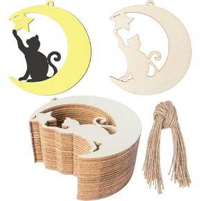 Cat Wood Star Wood Moon Shape Wooden Blank Wood with Twines Art Unfinished Ornaments for Wedding Birthday Party Christmas Decoration 20Pcs