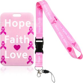 NEWEST Breast Cancer Awareness Lanyard ID Badge Holder, Pink Ribbon Keychain Lanyard Accessories for Teacher Women Gifts, Pink