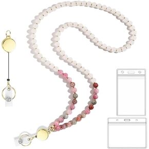 Retractable Lanyards for ID Badges and Keys，Gradient Color Colour Handmade Beaded Lanyard for Women and Teachers (Color 1)