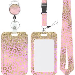 ID Badge Holder with Lanyard Golden Pink Leopard ID Badge Lanyard Retractable Badge Reel Holder Heavy Duty Keychain Badge Lanyard for Nurse Students Teachers Office Staff
