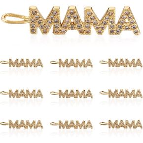 FASHEWELRY 10pcs Brass Cubic Zirconia Word MAMA Pendants Micro Pave CZ Rhinestone Charms 18K Gold Message Hanging Ornament with Loop for Bracelet Necklace Earring Jewelry