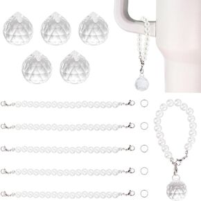 5 Sets Water Cup Handle Charm Tumbler Cup Charms Glass Crystal Teardrop Ball Clear Beads with Plastic Chains Personalized Identification Water Charm for Tumblers Handle Cups DIY Decoration