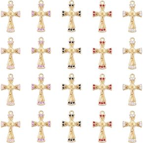 30Pcs 5Colors Rosary Center Crystal Rhinestone Cross Charms Alloy Vintage Jesus Crucifix Pendant for Catholic Jewelry Making Necklace Bracelet Earring Keychain DIY Gift Idea Handmade