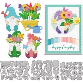 GLOBLELAND Spring Gnome Cutting Dies for DIY Scrapbooking Metal Flower Butterfly Dwarf Cut Dies Wheel Cart Kettle Die Cuts for Card Making Embossing Photo Album Craft Decor