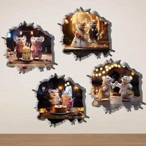 NiArt 3D Mouse Hole Wall Decals 4-Pack, 5 x 5 Inch Vinyl Mouse in The Hole Wall Decor Stickers for Playful Home Decor, Library Decor, Peel and Stick Wall Decals for Kids Room (Super Mouse)