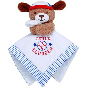 Baby Starters Plush 13 inch Puppy Snuggle Buddy with Toy Rattle, Little Slugger Embroidery and Satin, White with Stripe Trim