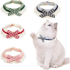 4PCS Knitted Cat Collars, Cute Kitten Collars, Fall Cat Collar with Button, Adjustable Bow Tie Puppy Collars, Milk Cotton Yarn Woven Scarf Pet Collars for Kitty Small Dog (L)