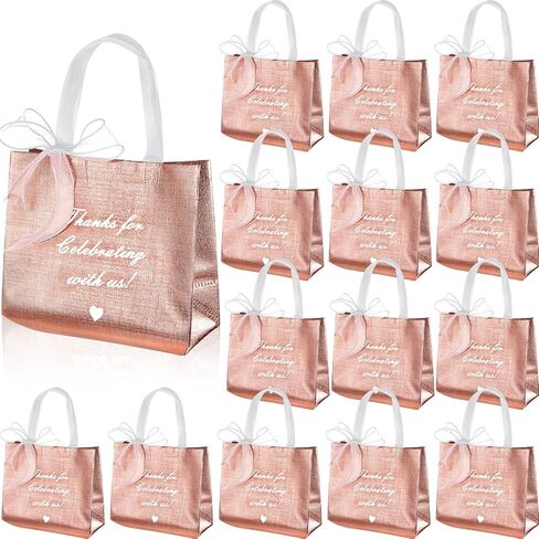 50 Pcs Thank You Gift Bags with Handles and 12 Roll Bow Ribbon, Reusable Nonwoven Return Gift Bags 9.7 x 8 x 4 Inch Glossy Wedding Welcome Tote for Birthday Baby Shower Anniversary Party(Rose Gold) in Kuwait