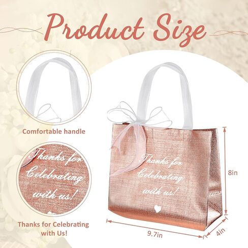 50 Pcs Thank You Gift Bags with Handles and 12 Roll Bow Ribbon, Reusable Nonwoven Return Gift Bags 9.7 x 8 x 4 Inch Glossy Wedding Welcome Tote for Birthday Baby Shower Anniversary Party(Rose Gold) in Kuwait