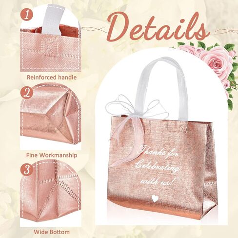 50 Pcs Thank You Gift Bags with Handles and 12 Roll Bow Ribbon, Reusable Nonwoven Return Gift Bags 9.7 x 8 x 4 Inch Glossy Wedding Welcome Tote for Birthday Baby Shower Anniversary Party(Rose Gold) in Kuwait