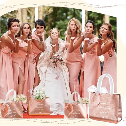 50 Pcs Thank You Gift Bags with Handles and 12 Roll Bow Ribbon, Reusable Nonwoven Return Gift Bags 9.7 x 8 x 4 Inch Glossy Wedding Welcome Tote for Birthday Baby Shower Anniversary Party(Rose Gold) in Kuwait