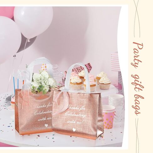 50 Pcs Thank You Gift Bags with Handles and 12 Roll Bow Ribbon, Reusable Nonwoven Return Gift Bags 9.7 x 8 x 4 Inch Glossy Wedding Welcome Tote for Birthday Baby Shower Anniversary Party(Rose Gold) in Kuwait