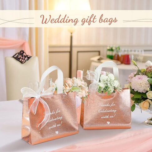 50 Pcs Thank You Gift Bags with Handles and 12 Roll Bow Ribbon, Reusable Nonwoven Return Gift Bags 9.7 x 8 x 4 Inch Glossy Wedding Welcome Tote for Birthday Baby Shower Anniversary Party(Rose Gold) in Kuwait