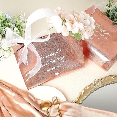 50 Pcs Thank You Gift Bags with Handles and 12 Roll Bow Ribbon, Reusable Nonwoven Return Gift Bags 9.7 x 8 x 4 Inch Glossy Wedding Welcome Tote for Birthday Baby Shower Anniversary Party(Rose Gold) in Kuwait