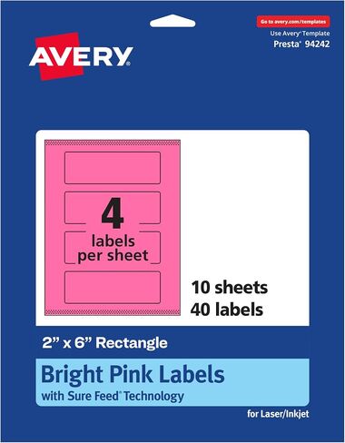 Avery Printable Rectangle Labels with Sure Feed Technology, 2" x 6", Bright Pink Labels, Print-to-The-Edge, Laser/Inkjet, 40 Total, Great for Candle Labels and Ingredient Labels in Saudi Arabia