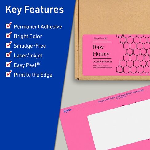 Avery Printable Rectangle Labels with Sure Feed Technology, 2" x 6", Bright Pink Labels, Print-to-The-Edge, Laser/Inkjet, 40 Total, Great for Candle Labels and Ingredient Labels in Saudi Arabia