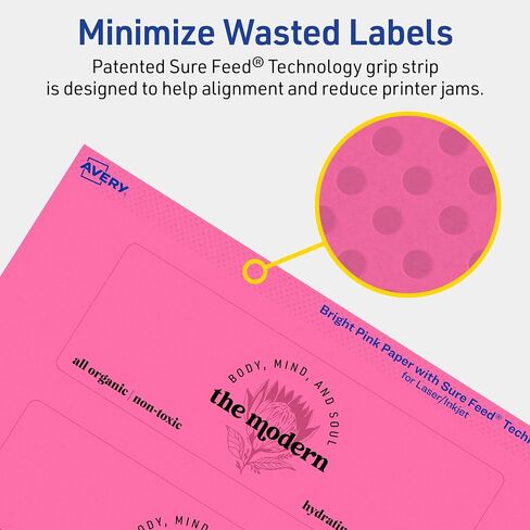 Avery Printable Rectangle Labels with Sure Feed Technology, 2" x 6", Bright Pink Labels, Print-to-The-Edge, Laser/Inkjet, 40 Total, Great for Candle Labels and Ingredient Labels in Saudi Arabia
