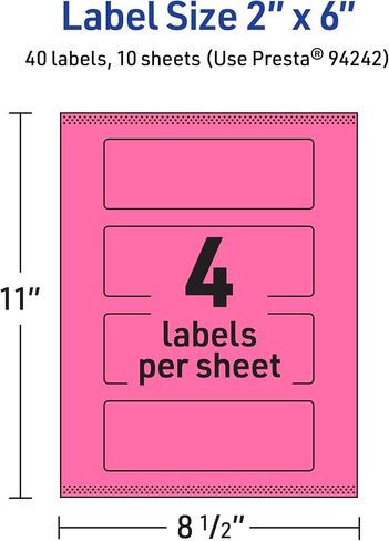 Avery Printable Rectangle Labels with Sure Feed Technology, 2" x 6", Bright Pink Labels, Print-to-The-Edge, Laser/Inkjet, 40 Total, Great for Candle Labels and Ingredient Labels in Saudi Arabia