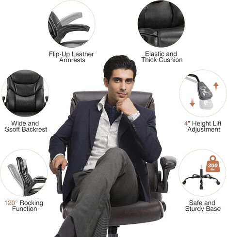 Elevon Computer Gaming Chair, Ergonomic Office Chair Heavy Duty Task Desk Chair with Flip-up Arms, PU Leather, Adjustable Swivel Rolling Chair with Wheels in Saudi Arabia