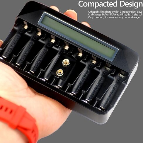AA AAA 9V NiMH Battery Charger 9 Slots Independent Fast Charger 500mA Impulse Charging, Wide LCD Screen Display USB-C 5V Input in Saudi Arabia