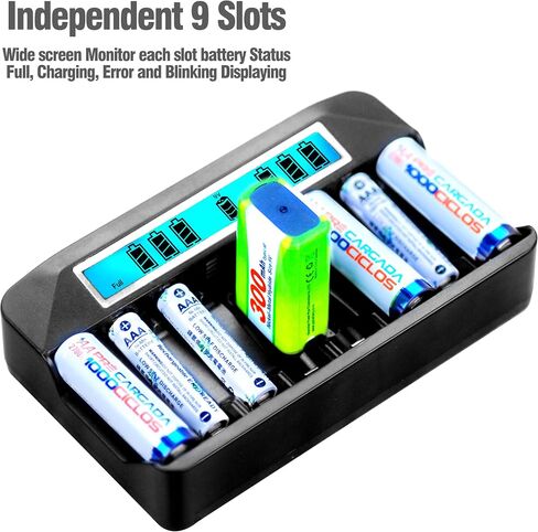 AA AAA 9V NiMH Battery Charger 9 Slots Independent Fast Charger 500mA Impulse Charging, Wide LCD Screen Display USB-C 5V Input in Saudi Arabia