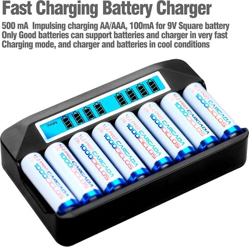 AA AAA 9V NiMH Battery Charger 9 Slots Independent Fast Charger 500mA Impulse Charging, Wide LCD Screen Display USB-C 5V Input in Saudi Arabia