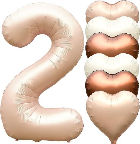 Jonhamwelbor 40 inch Light Brown Number 2 Balloon Caramel Retro Apricot Large Big Foil Helium Mylar Number Balloon with Heart Balloons for Girl Boy 2nd Year Old Birthday Party Decor (40 inch Beige 2) in Kuwait