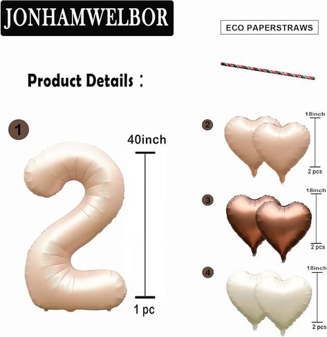 Jonhamwelbor 40 inch Light Brown Number 2 Balloon Caramel Retro Apricot Large Big Foil Helium Mylar Number Balloon with Heart Balloons for Girl Boy 2nd Year Old Birthday Party Decor (40 inch Beige 2) in Kuwait
