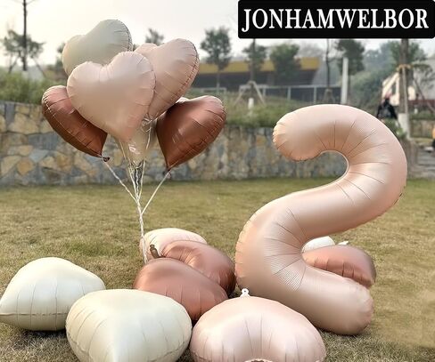 Jonhamwelbor 40 inch Light Brown Number 2 Balloon Caramel Retro Apricot Large Big Foil Helium Mylar Number Balloon with Heart Balloons for Girl Boy 2nd Year Old Birthday Party Decor (40 inch Beige 2) in Kuwait