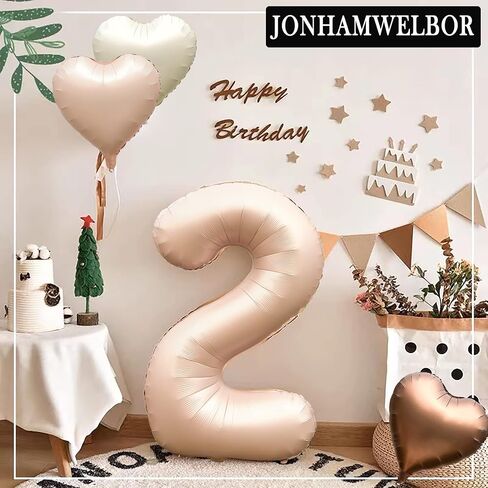 Jonhamwelbor 40 inch Light Brown Number 2 Balloon Caramel Retro Apricot Large Big Foil Helium Mylar Number Balloon with Heart Balloons for Girl Boy 2nd Year Old Birthday Party Decor (40 inch Beige 2) in Kuwait