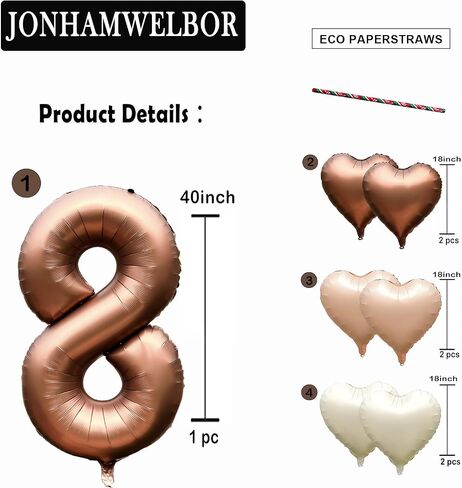 Jonhamwelbor 40 inch Light Brown Number 2 Balloon Caramel Retro Apricot Large Big Foil Helium Mylar Number Balloon with Heart Balloons for Girl Boy 2nd Year Old Birthday Party Decor (40 inch Beige 2) in Kuwait