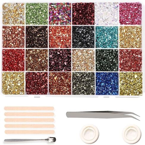 Crushed Glass Craft Glitter Fine for Resin Art, 24 Colors Small Broken Glass Resin Accessories Irregular Metallic Crystal Chips Chunky Sequins for Nail DIY Vase Filler Epoxy Jewelry Making Decoration in Kuwait
