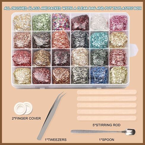 Crushed Glass Craft Glitter Fine for Resin Art, 24 Colors Small Broken Glass Resin Accessories Irregular Metallic Crystal Chips Chunky Sequins for Nail DIY Vase Filler Epoxy Jewelry Making Decoration in Kuwait