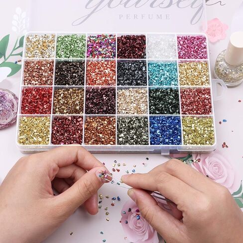 Crushed Glass Craft Glitter Fine for Resin Art, 24 Colors Small Broken Glass Resin Accessories Irregular Metallic Crystal Chips Chunky Sequins for Nail DIY Vase Filler Epoxy Jewelry Making Decoration in Kuwait