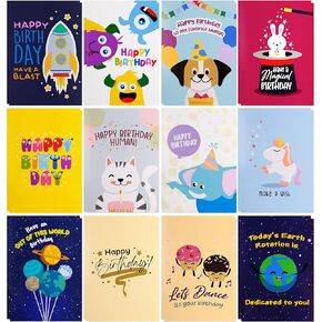 24 Large Kids Happy Birthday Cards 4 x 6 Inch – 24 Premium Children Birthday Cards For Him & Her with Illustrated Dogs, Cats, Space Rockets, Planets, and Cute Furry Characters Printed on Thick 250 GSM