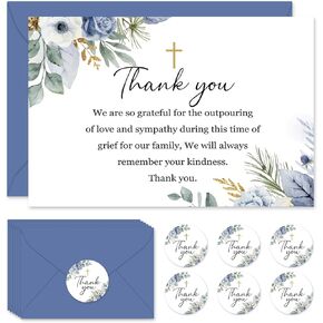 Whaline 24Pcs Funeral Thank You Card Floral Sympathy Thank You Card with Sticker Envelopes Blue Flower Bereavement Card for Memorial Service Loved Ones Celebration of Life