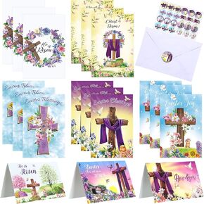 24 Sets Easter Greeting Cards He Is Risen Card Cross Religious Cards 6 x 8'' with Envelopes and Stickers Spring Jesus Inspiring Bible Messages Alleluia Cards for Christians Catholics Party Favors