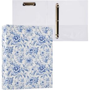 susiyo 3 Ring Binder 1.5 Inch Round Rings, Vintage French Floral Blue Round Ring Binders, Low Profile Clip Clipboards with 3 Clear Interior Pockets, Decorative Ring Binder for School Office Home